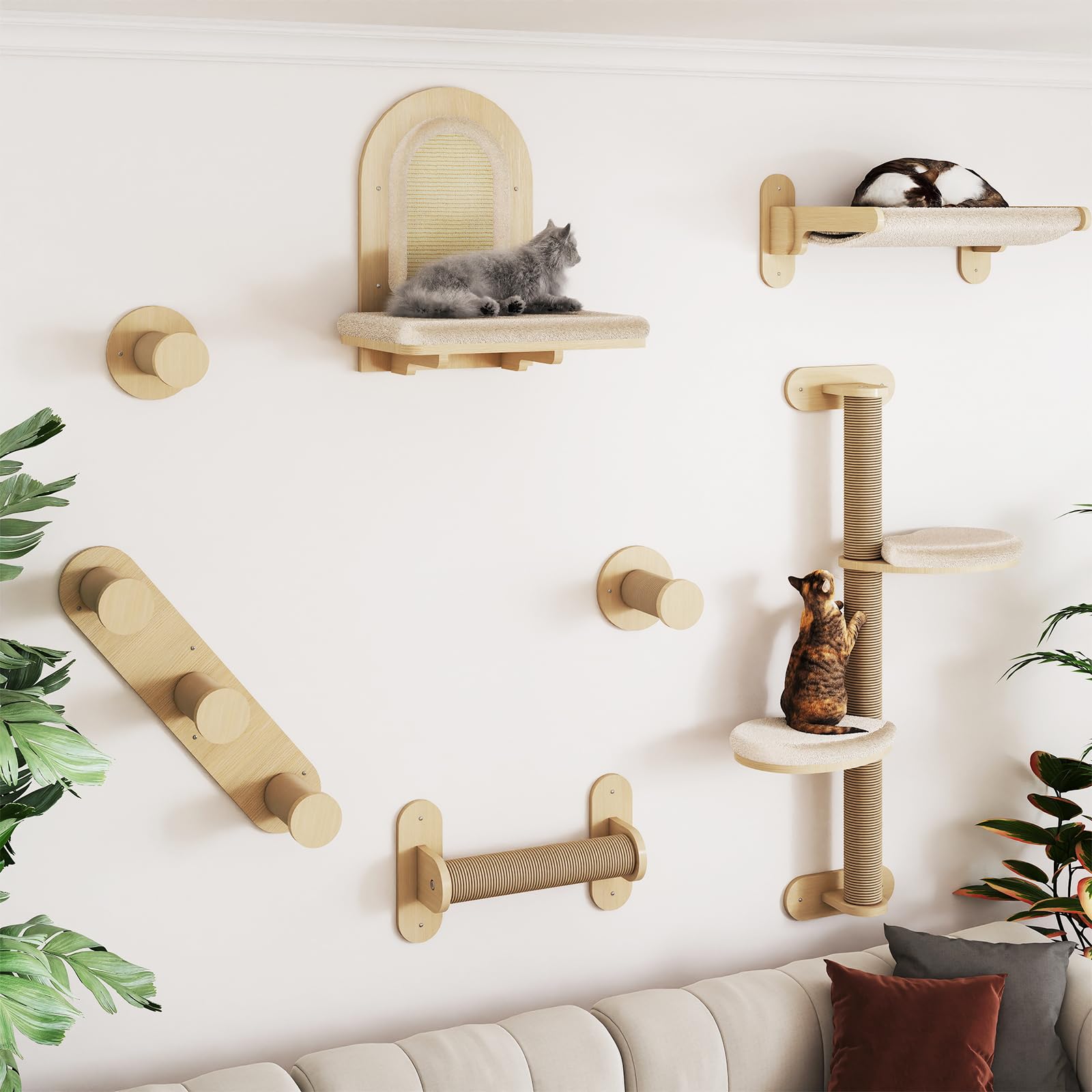 BYBYME natural pine cat tree wall-mounted close-up showing durable frame and safe climbing.