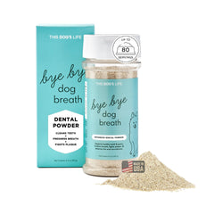 Bye Bye Dog Breath dental powder bottle ready for daily dosing