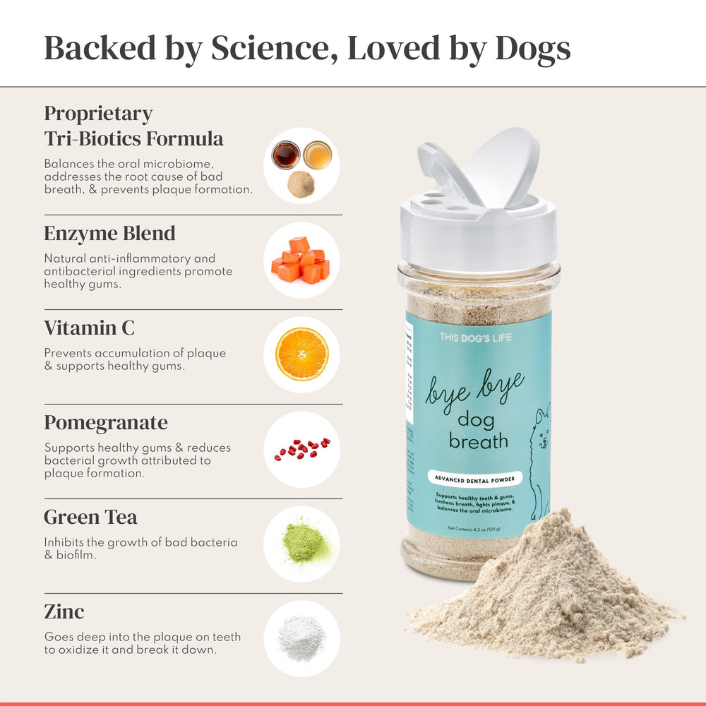 Bye Bye Dog Breath closeup showing fresh breath concept