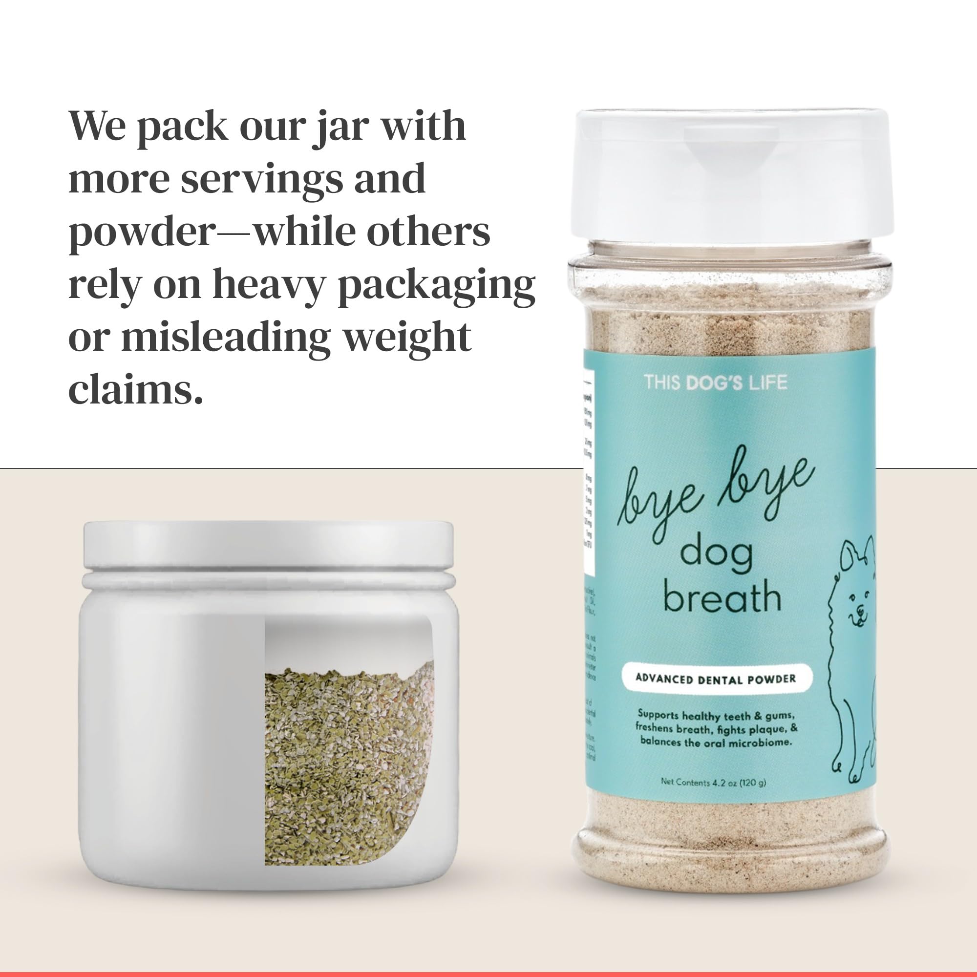 Bye Bye Dog Breath ingredients label highlighting probiotic blend