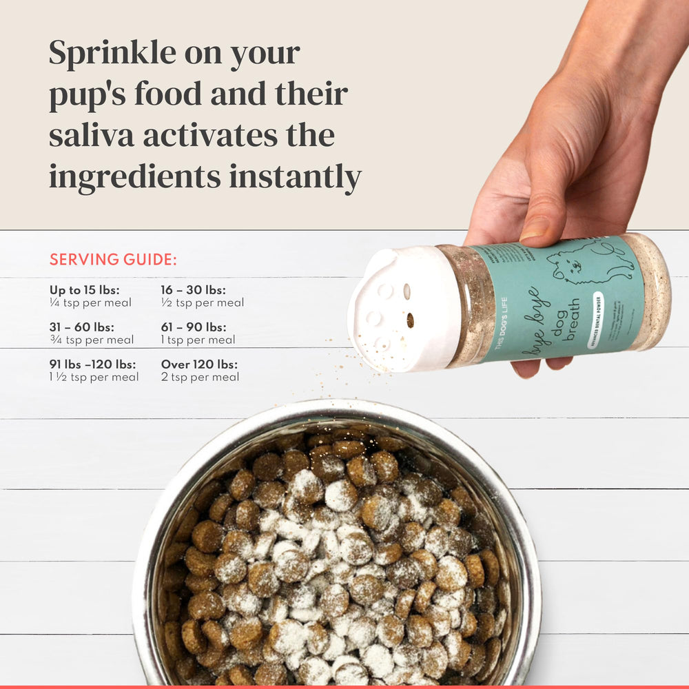 Bye Bye Dog Breath powder sprinkled on dog food during feeding