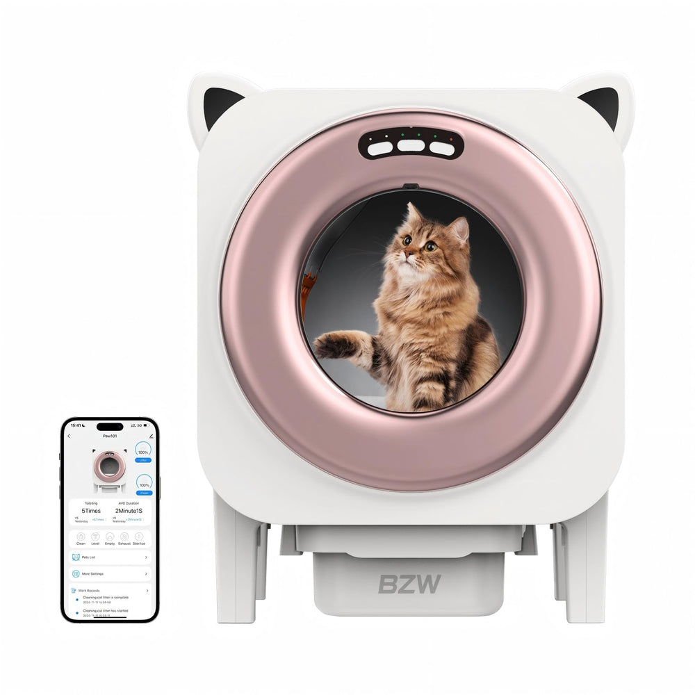 BZW self-cleaning litter box front angle in rose gold for multi-cat homes with low-maintenance benefits