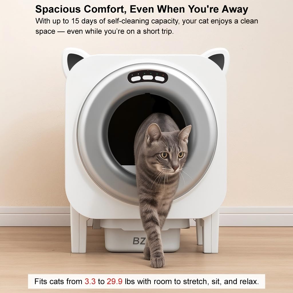 BZW rose gold unit with cat entering, signaling comfortable, roomy space for large cats