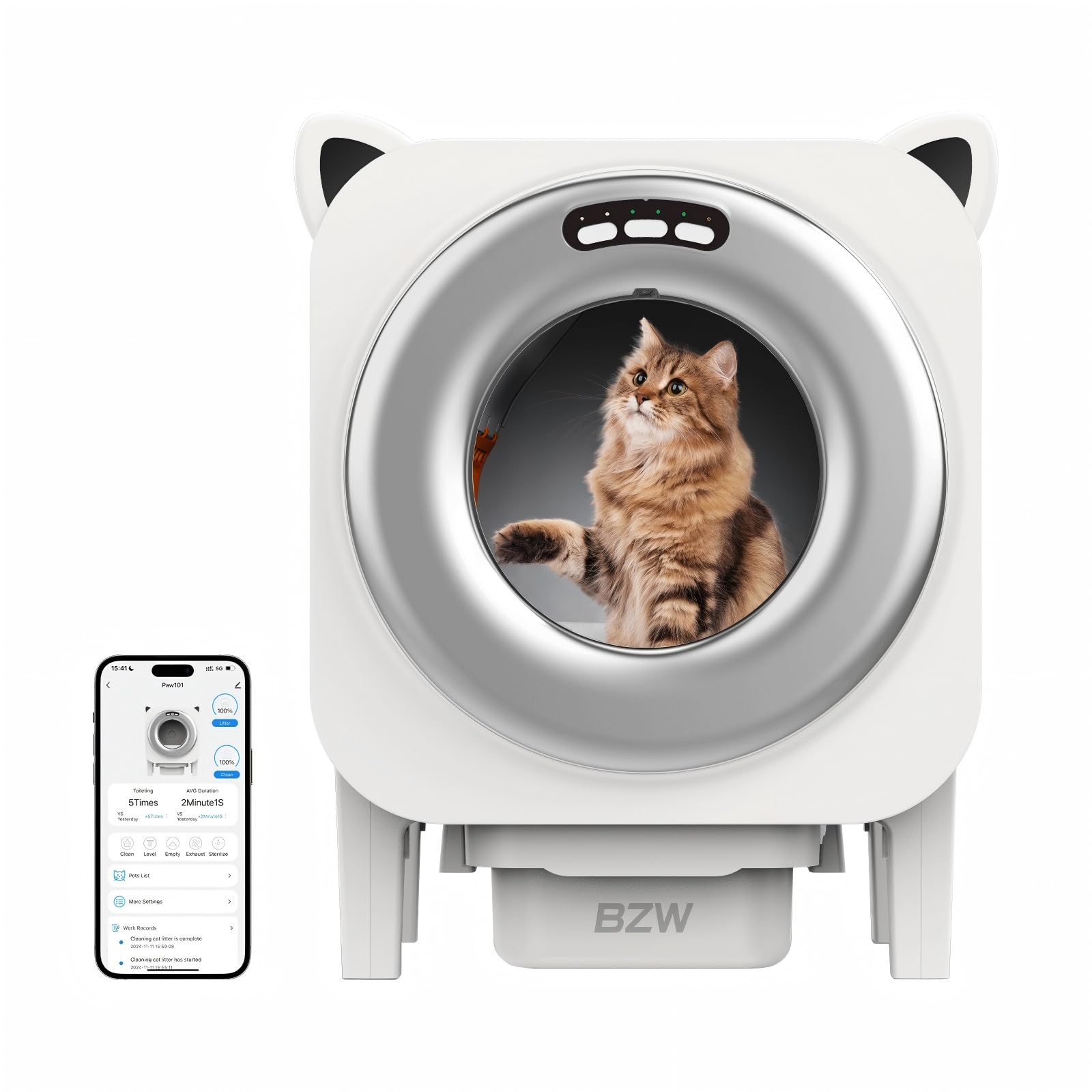 BZW self-cleaning litter box silver front view showing spacious chamber for multiple cats