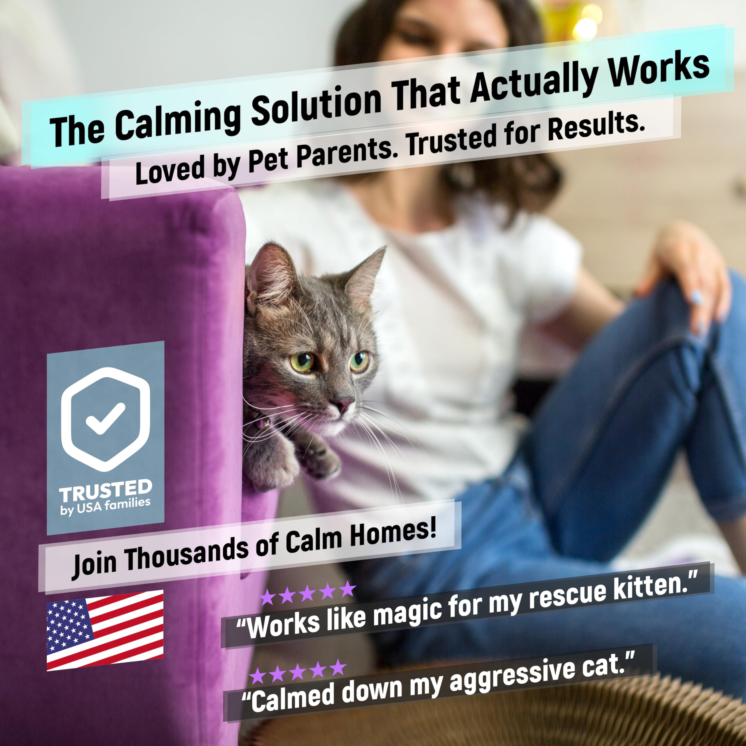 Cabins Cat Calming Diffuser helping a relaxed cat on sofa.