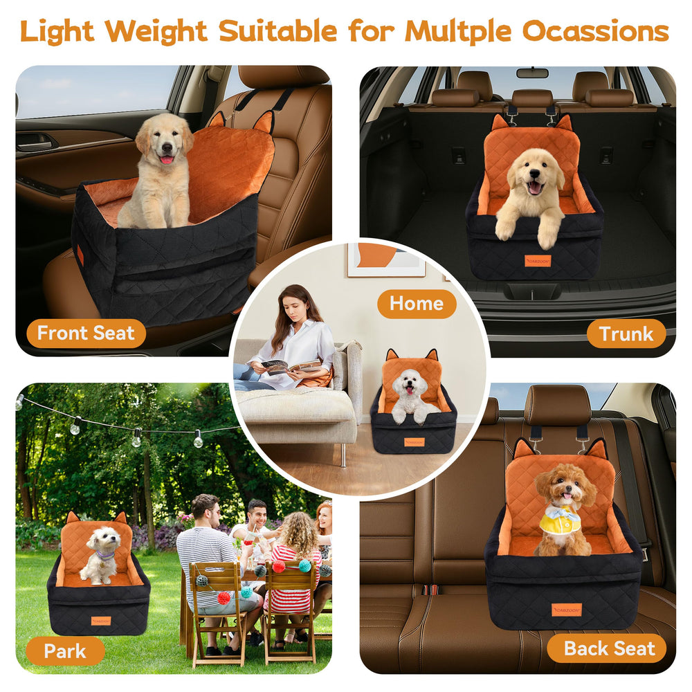 CABZOON dog car seat dimensions 20 by 18.5 by 10.62 inches fit two puppies or one medium dog.