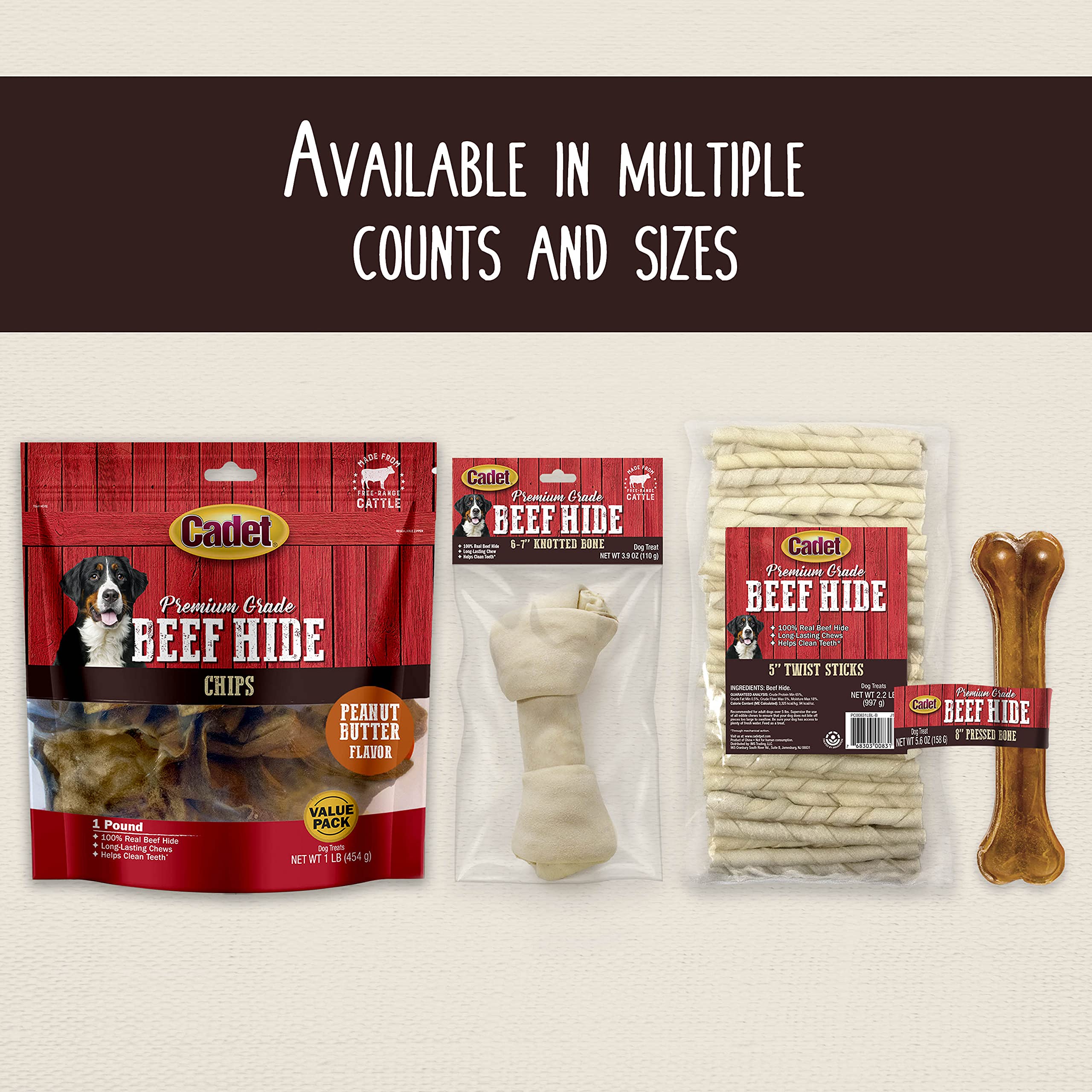 Cadet 100% real beef hide emphasizes wholesome, single-ingredient dog chews