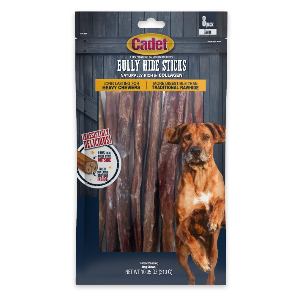 Cadet bully hide sticks large dog pack-8-count: long-lasting chew for aggressive chewers.