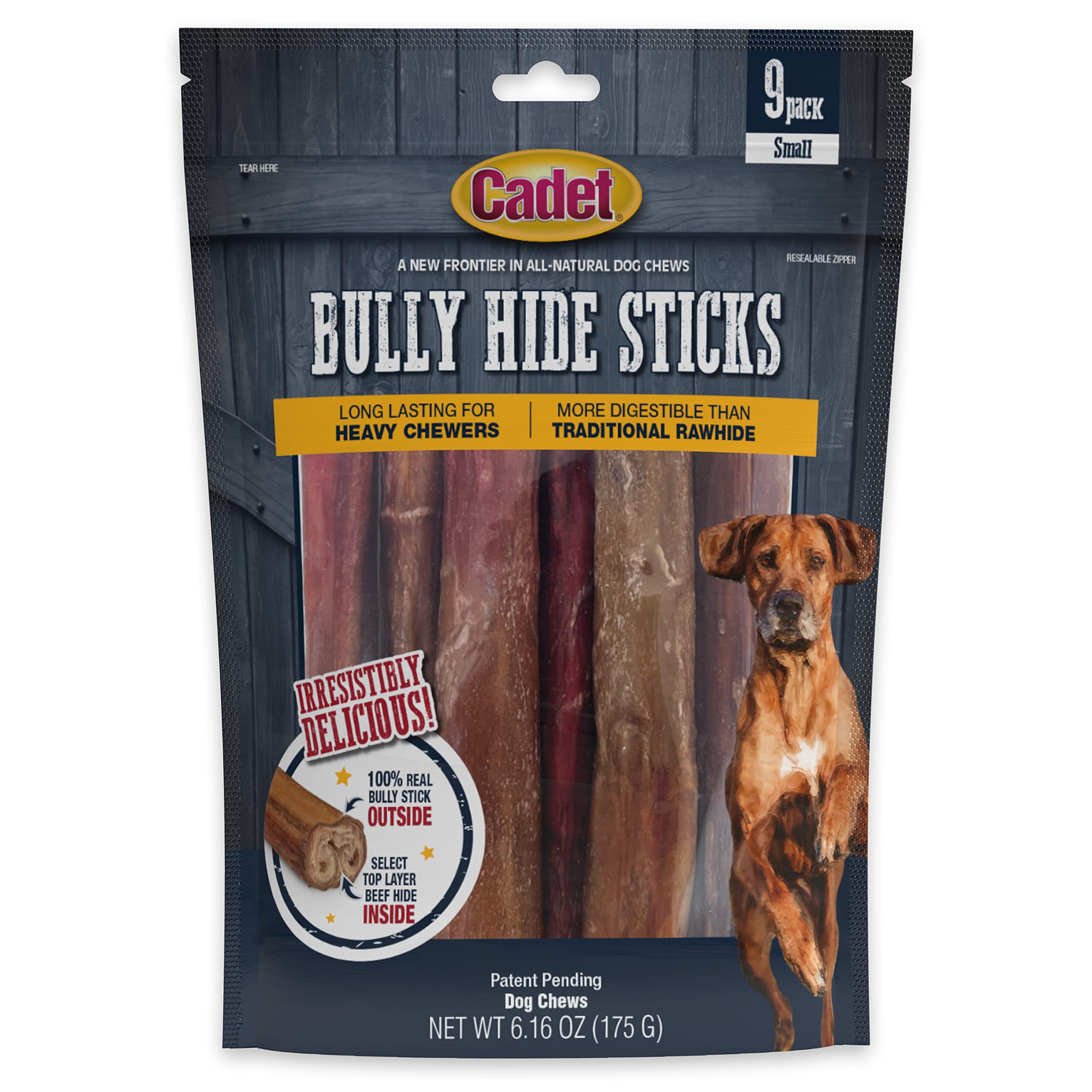 Cadet Bully Hide Sticks packaging highlights a long-lasting chew for small dogs.