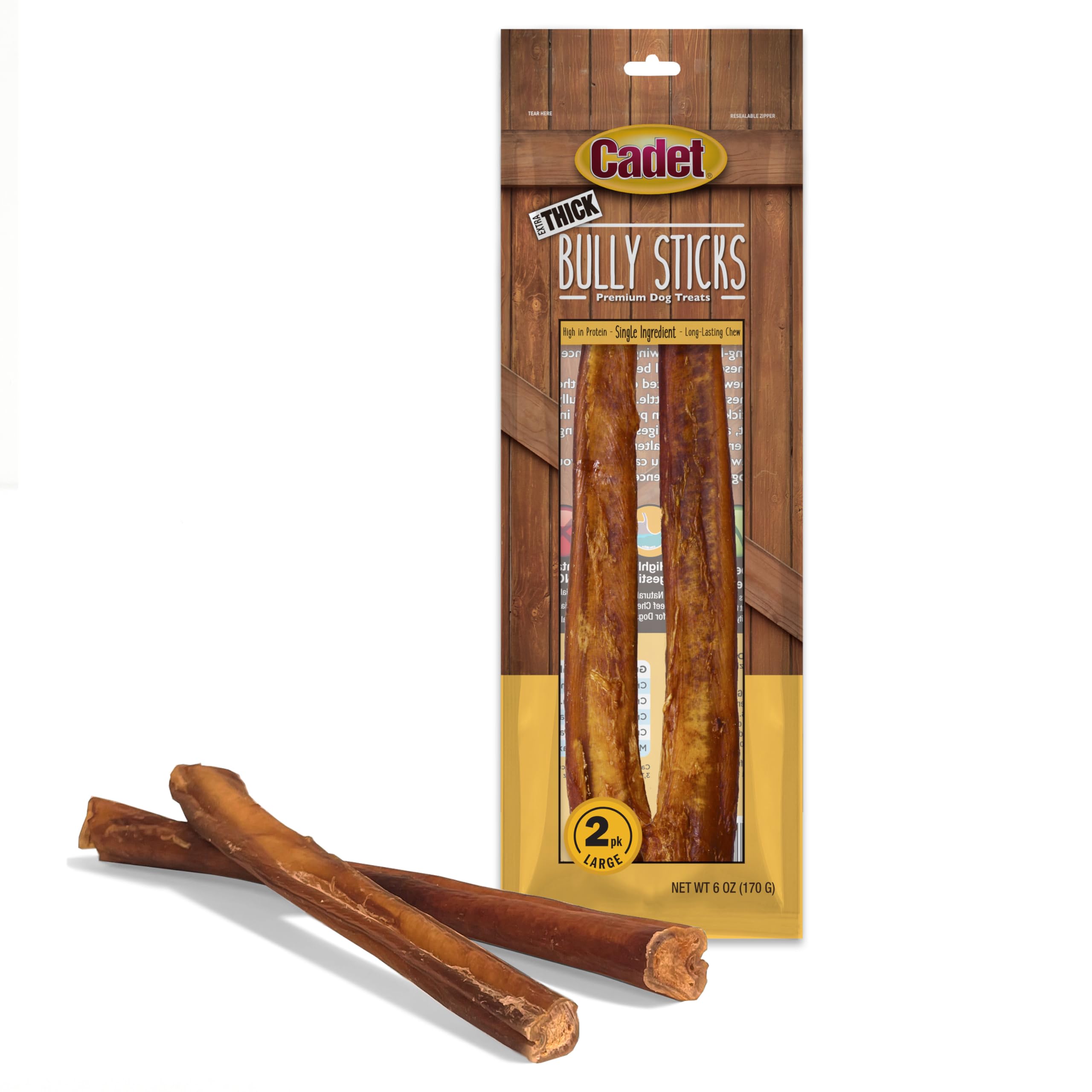 Cadet bully sticks for large dogs, 2-pack, long-lasting chew texture.