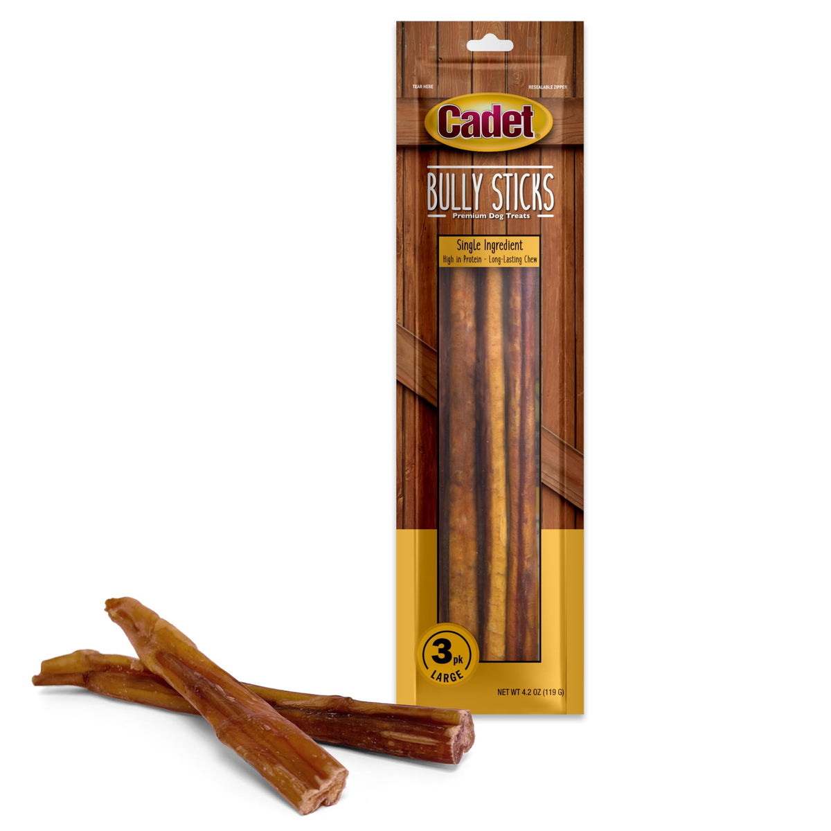 Cadet Bully Sticks pack for large dogs keeps dogs engaged during long chew sessions.