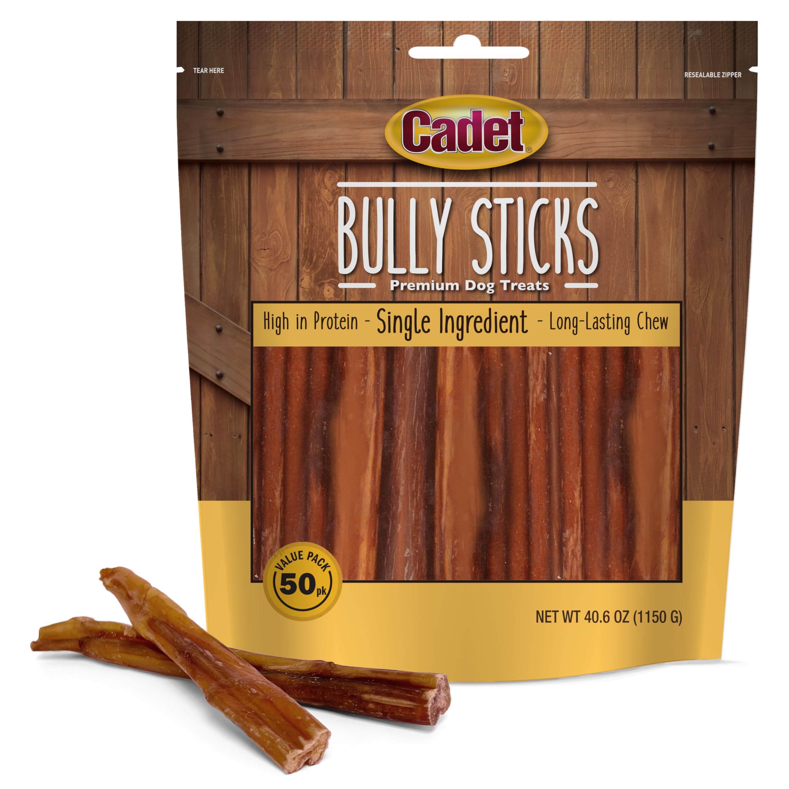 Cadet Bully Sticks close-up of 100% beef pizzle for small dogs, high-protein chew.