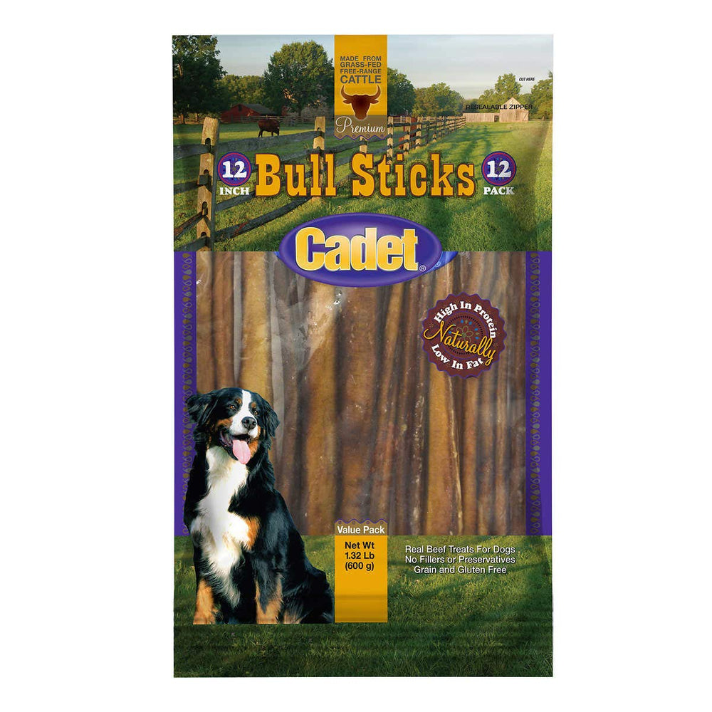 Cadet Gourmet Bull Sticks 12-pack on display for dogs, convenient grain-free treat.
