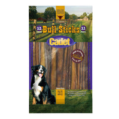 Cadet Gourmet Bull Sticks 12-pack on display for dogs, convenient grain-free treat.