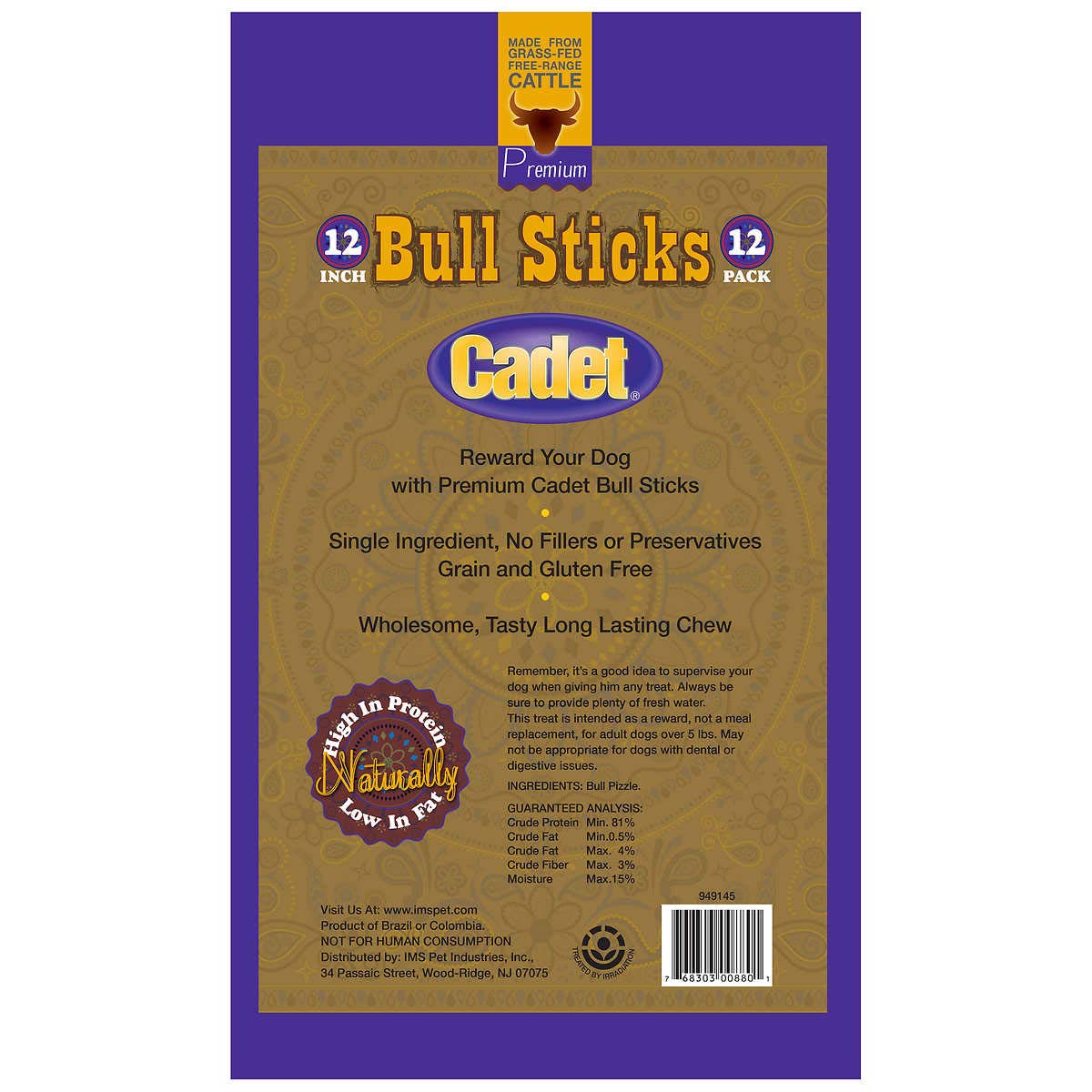 Cadet Gourmet Bull Sticks close-up, real meat snack that supports dental care and tasty rewards.