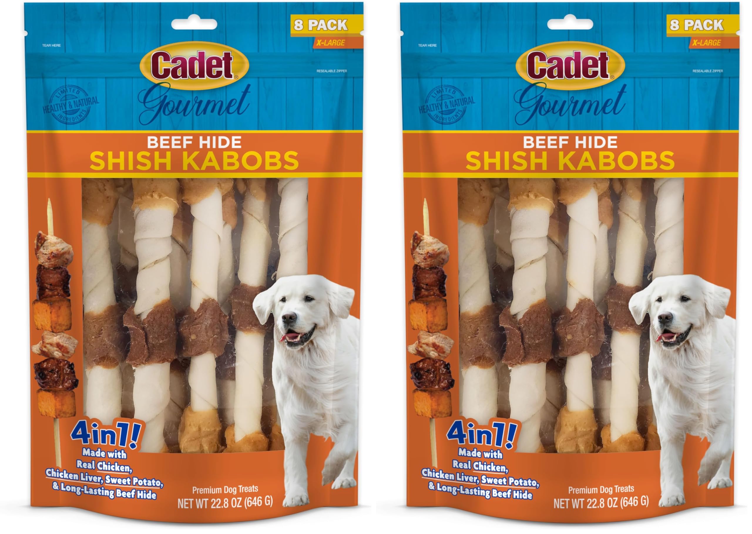 Cadet Gourmet Shish Kabob dog chews 10-inch sticks for large dogs—dental care and tasty protein blend