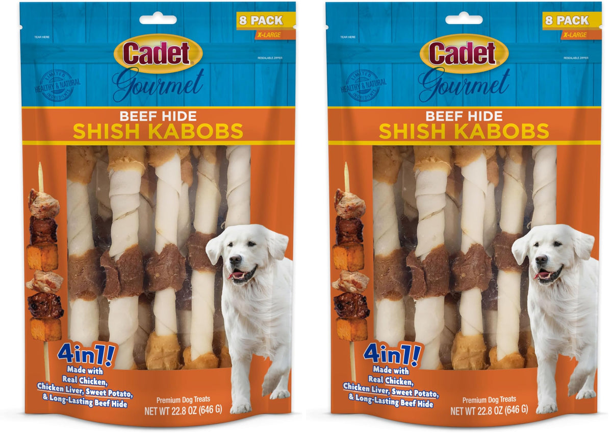 Cadet Gourmet Shish Kabob dog chews 10-inch sticks for large dogs—dental care and tasty protein blend
