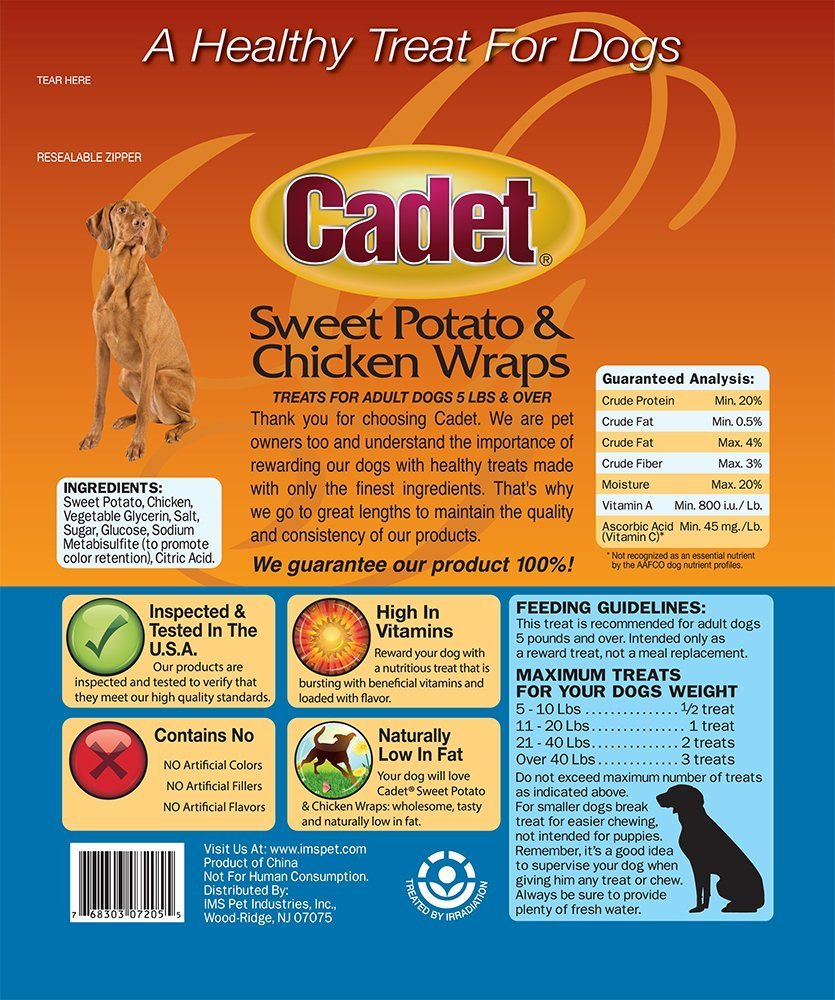 Cadet Gourmet Wraps close-up shows chicken and sweet potato ingredients for premium treats.