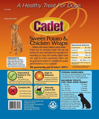 Cadet Gourmet Wraps close-up shows chicken and sweet potato ingredients for premium treats.