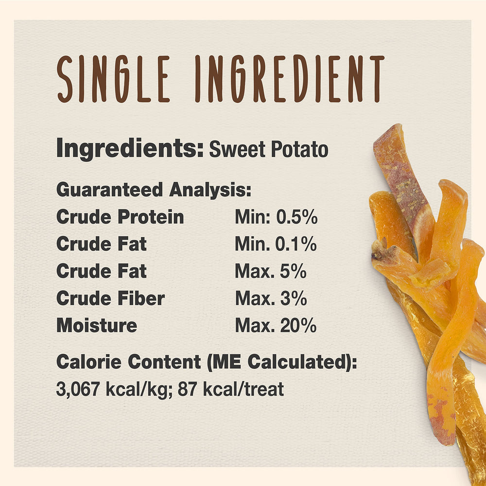 Cadet Sweet Potato Fries shown as natural dog treats with no artificial colors.