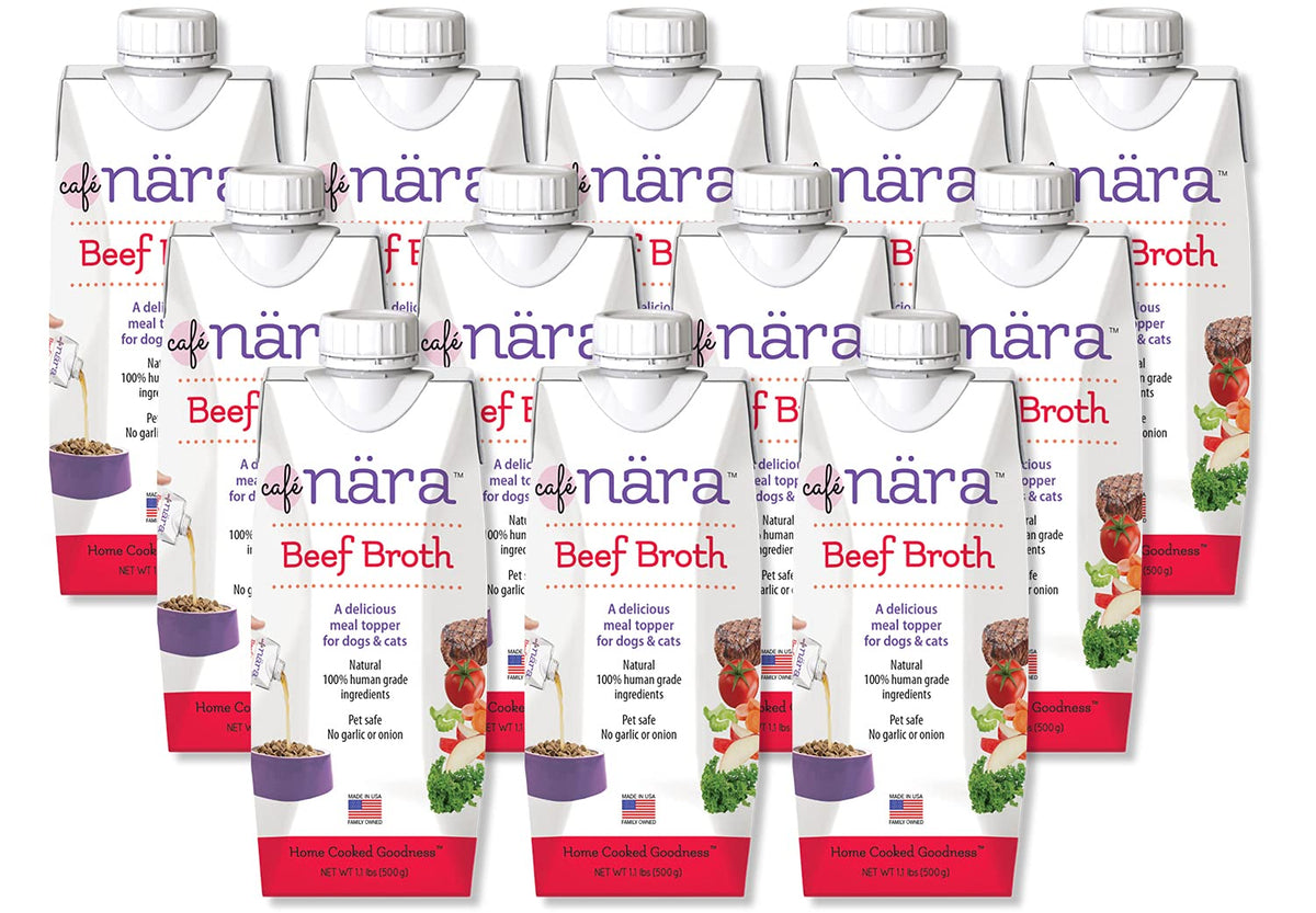 Cafe Nara grain-free beef bone broth topper packaging shows 12-pack for hydration