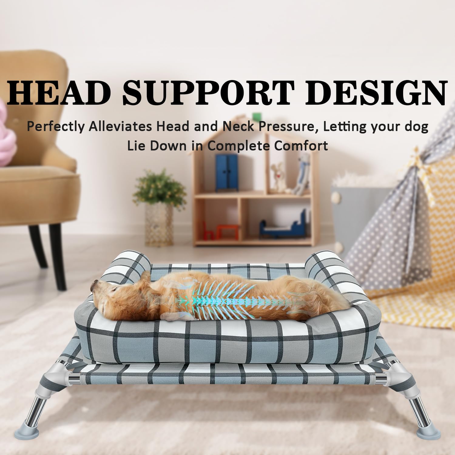 Caghash elevated dog bed cot bolster-view emphasizes neck support and cozy rest.
