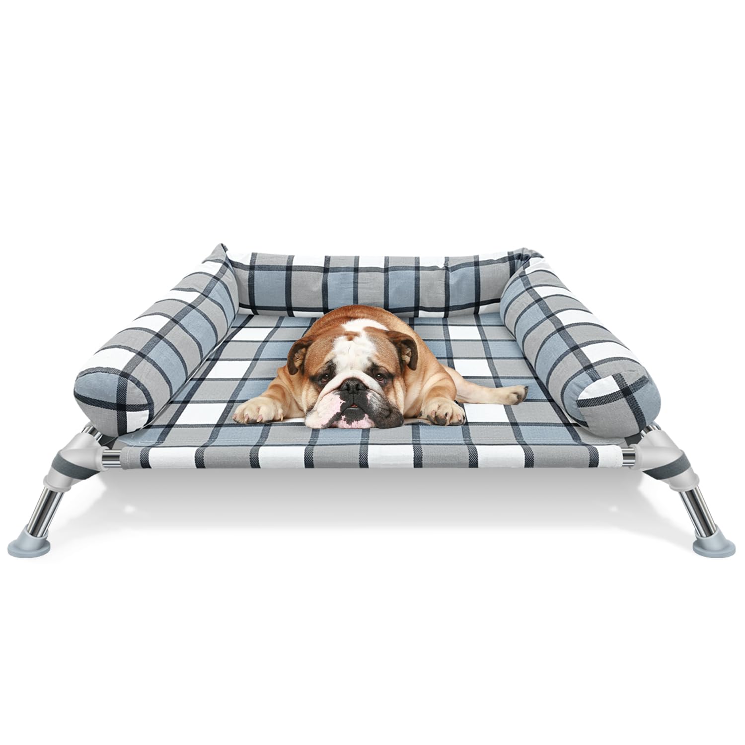 Caghash elevated dog bed cot front-view highlights sturdy frame and cooling comfort.