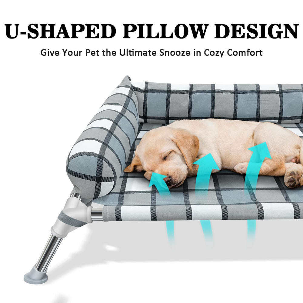 Caghash elevated dog bed cot side-view shows portable, easy-clean design for outdoors.