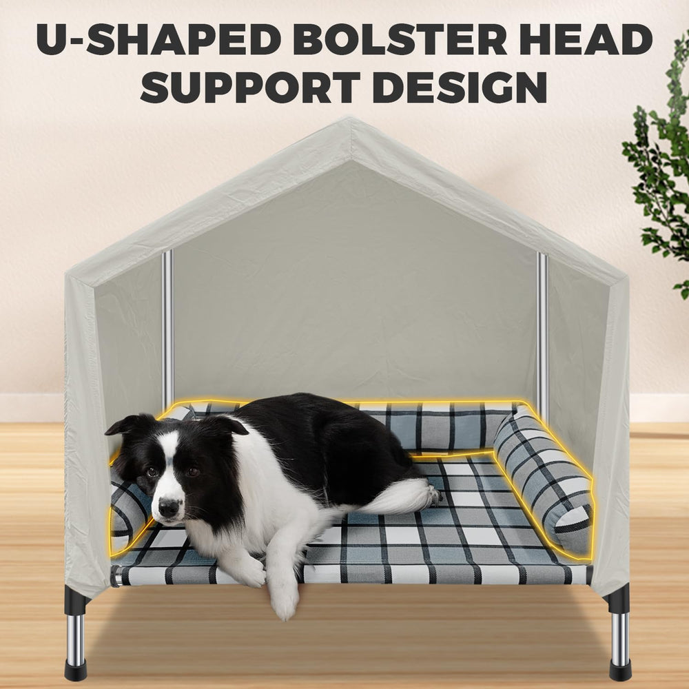 Caghash elevated dog bed house canopy provides sun protection during outdoor use.