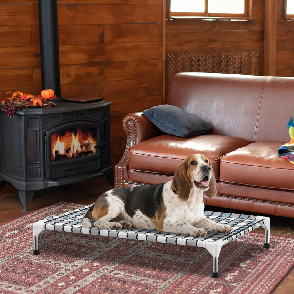 Caghash elevated bed in use outdoors keeps pets elevated and clean.