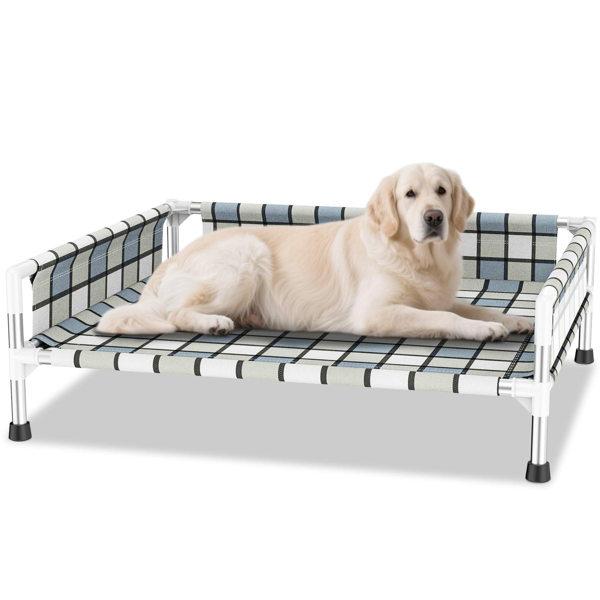 Caghash elevated outdoor dog bed with guardrail for safer outdoors rest.