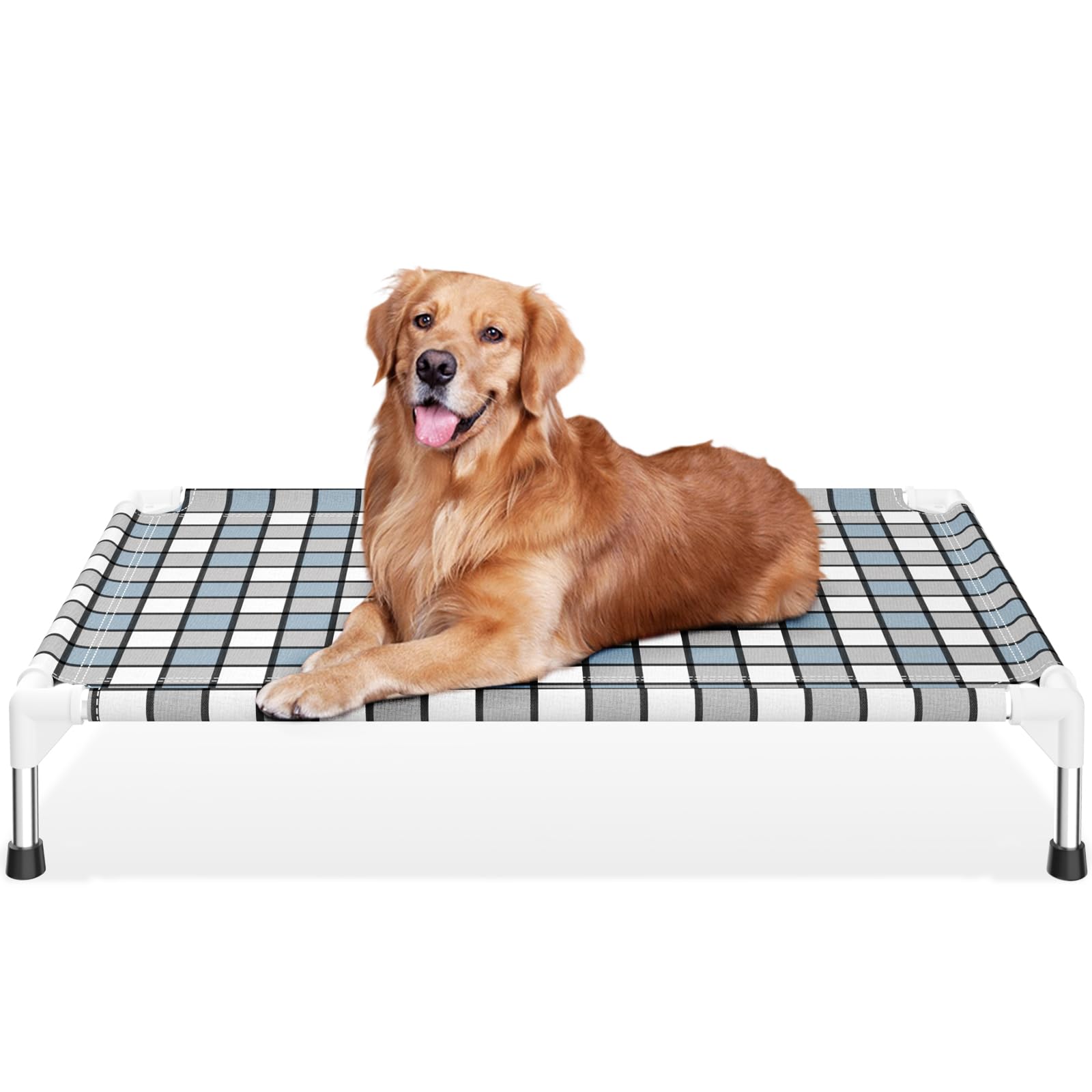 Caghash elevated outdoor dog bed side view shows sturdy frame and breathable comfort.