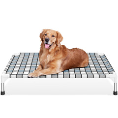 Caghash elevated outdoor dog bed side view shows sturdy frame and breathable comfort.