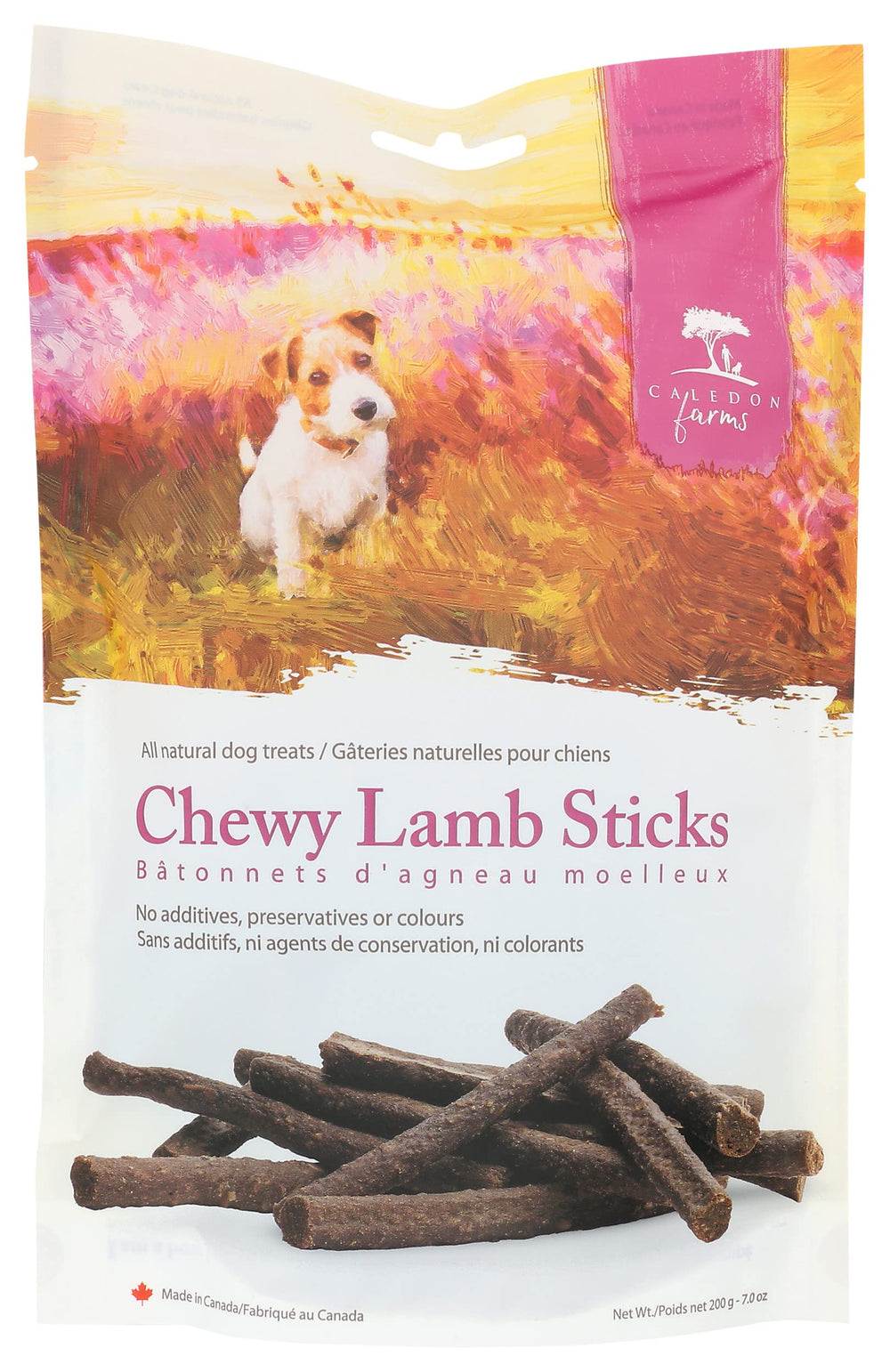 Caledon Farms Lamb Flavor Chewy Sticks dog treat with gluten-free formula for tasty rewards.