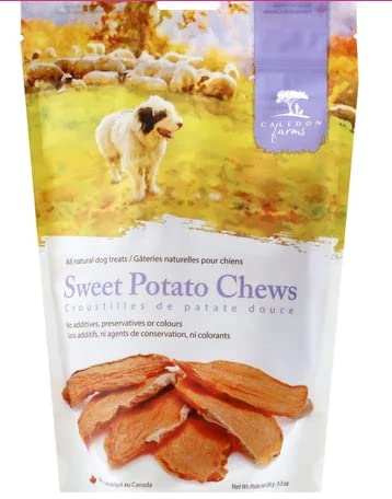 Caledon Farms Sweet Potato Dog Treat serving shot highlights chewy texture and dog-friendly flavor for rewarding training
