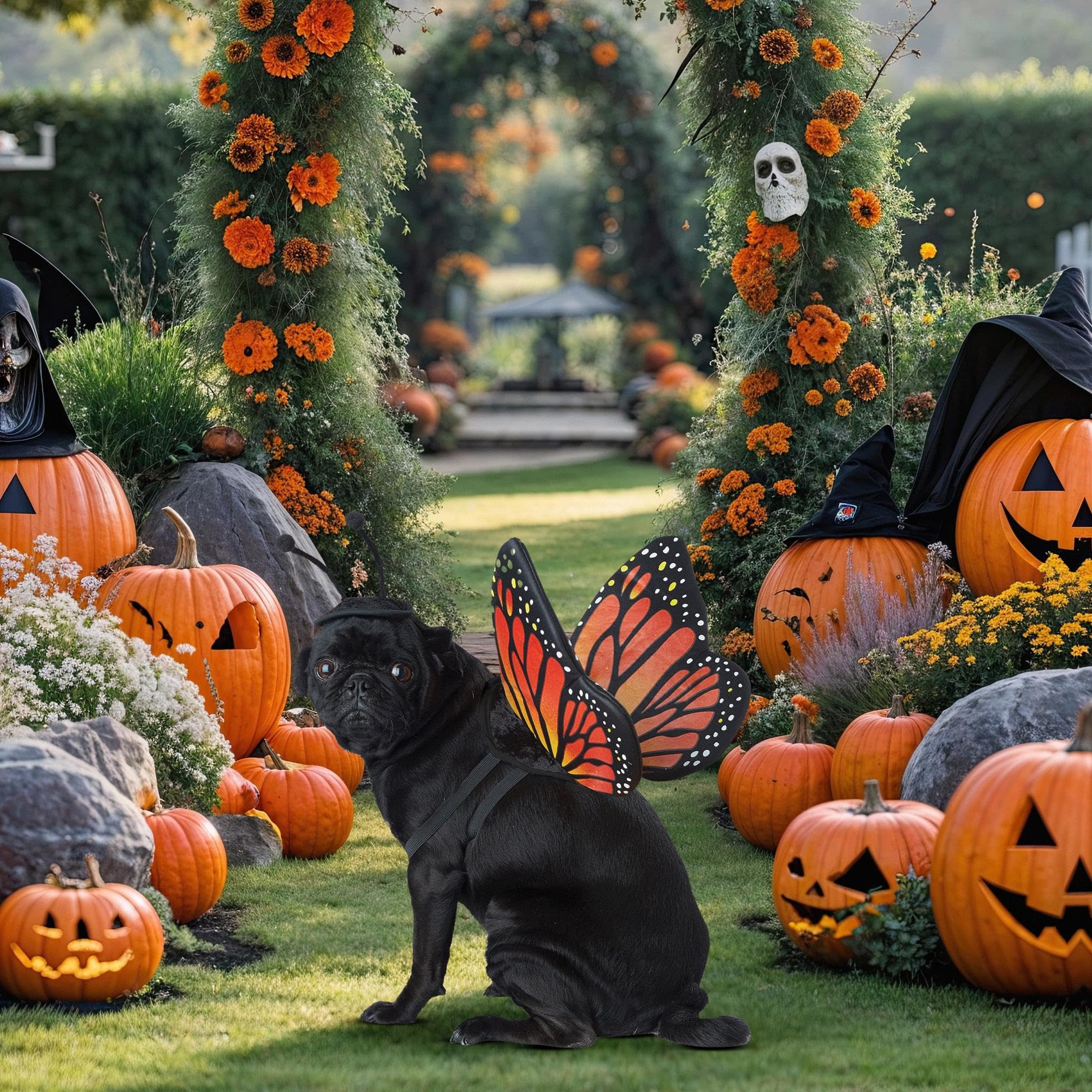 California Costumes Calico Monarch dog medium measurements help ensure a secure, comfy fit.
