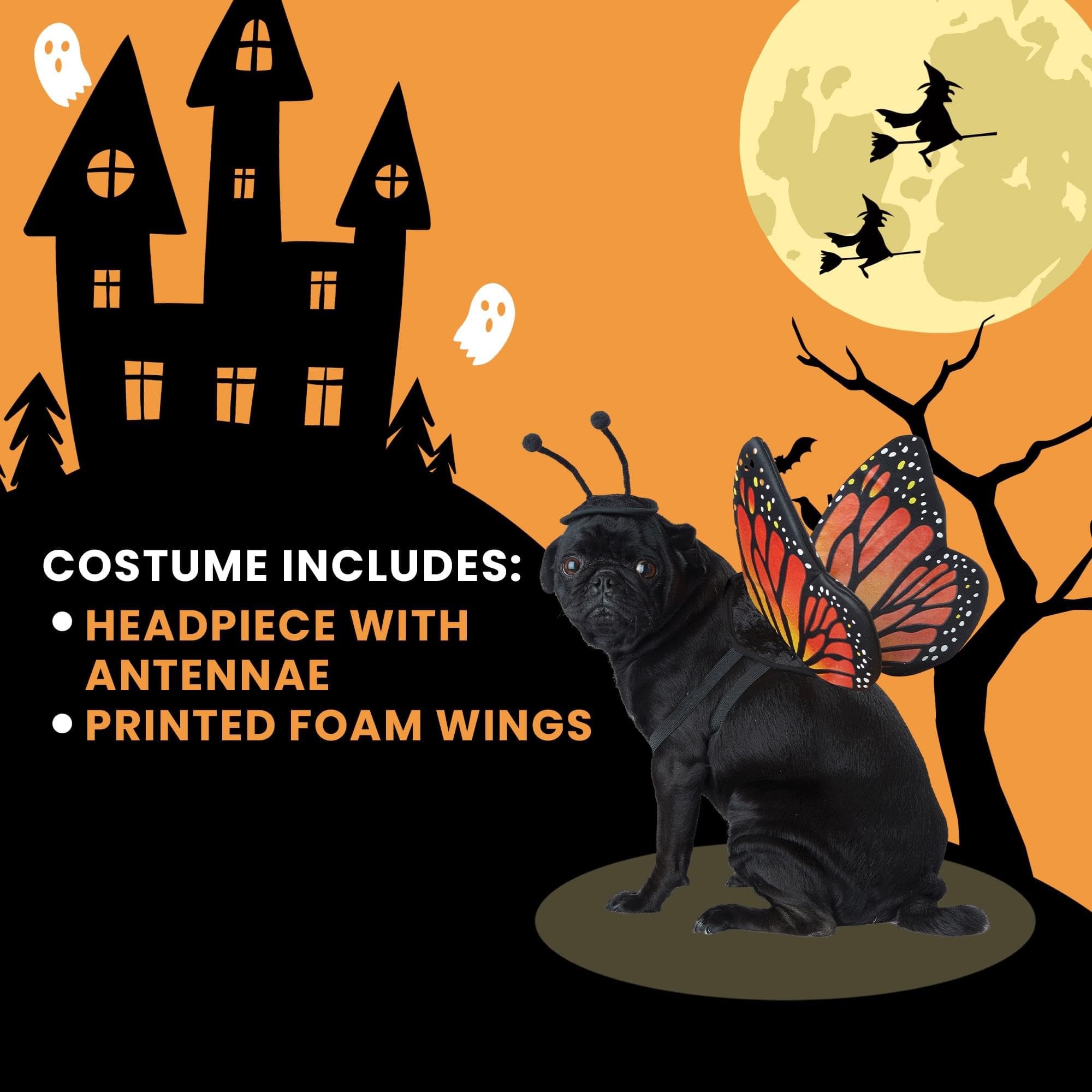 California Costumes Calico Monarch dog wearing-costume offers easy dressing and cheerful style.