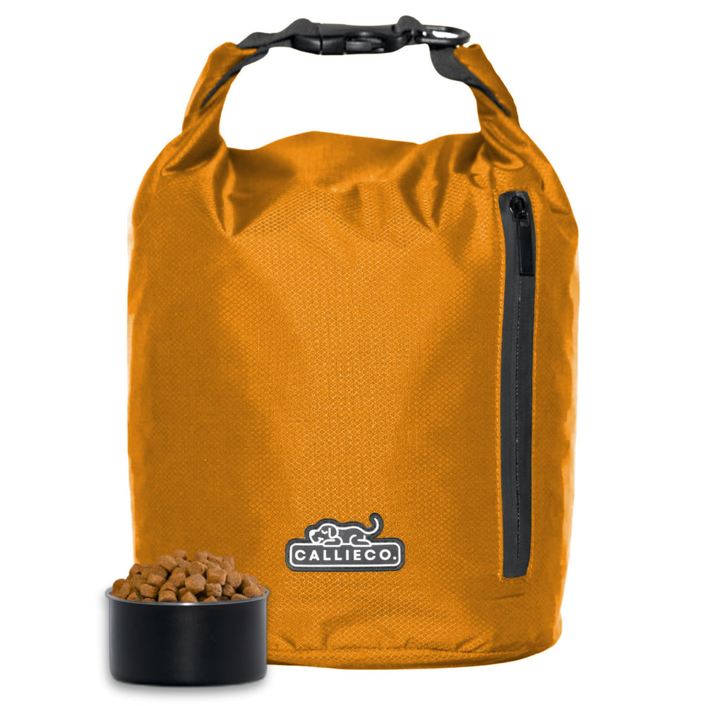 Callieco dog food travel bag front view in orange for on the go meals