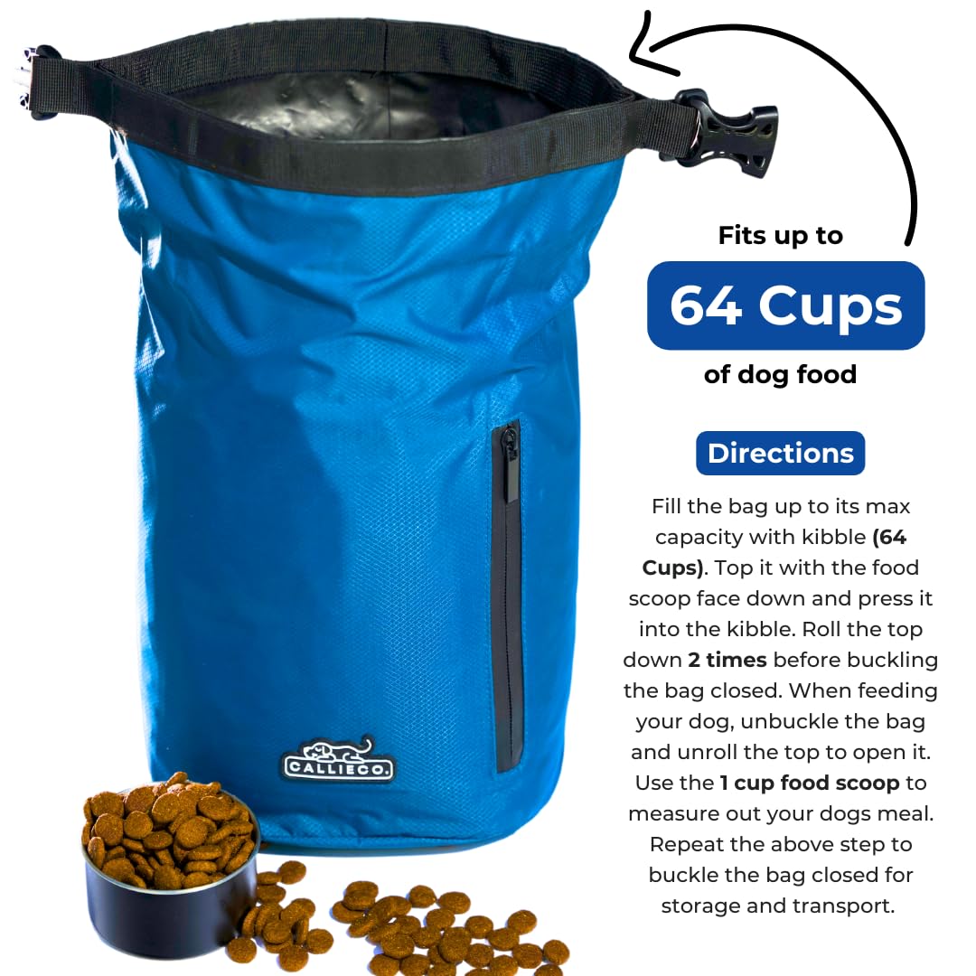 Callieco dog food travel bag PEVA inner liner keeps contents fresh and odor-controlled.