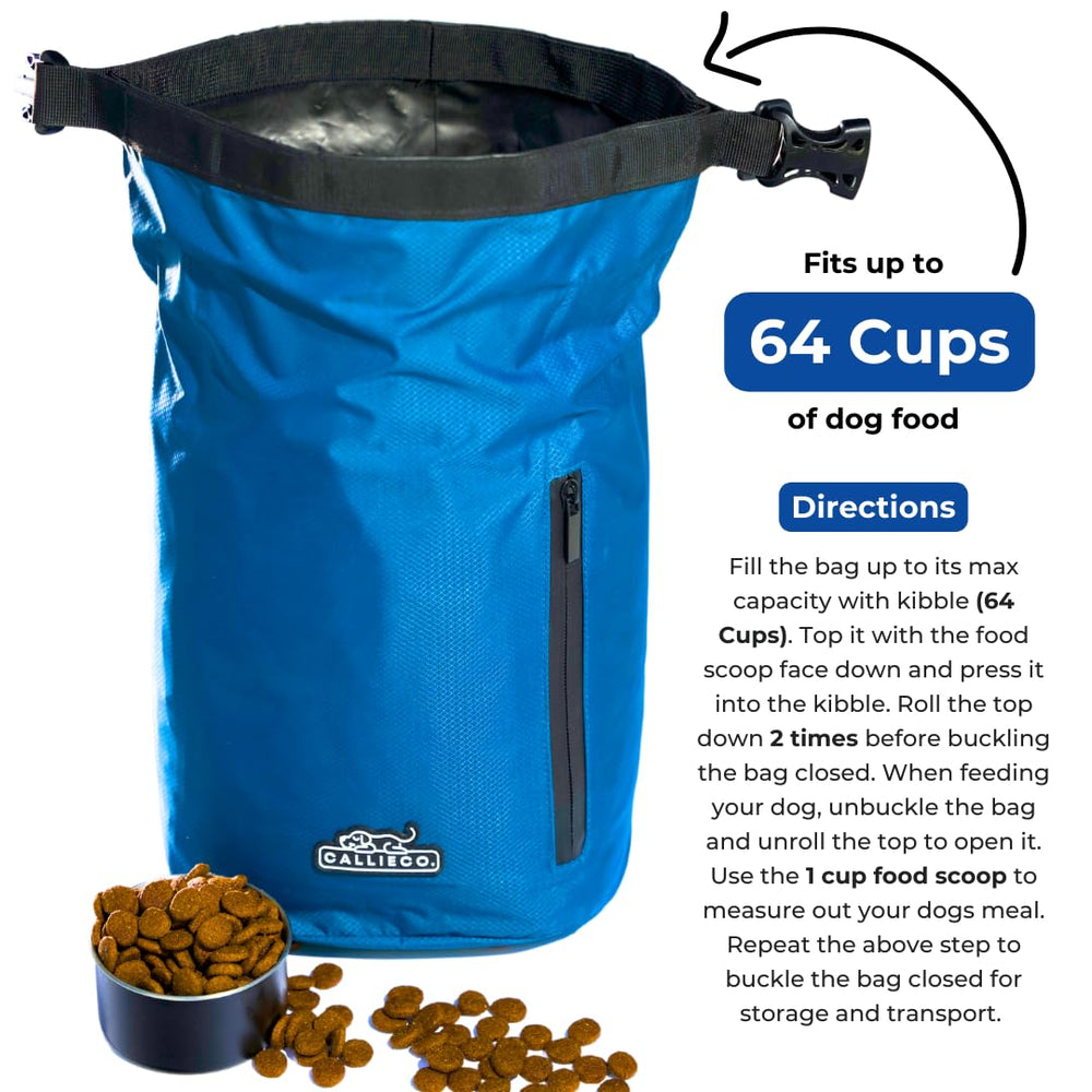 Callieco dog food travel bag PEVA inner liner keeps contents fresh and odor-controlled.