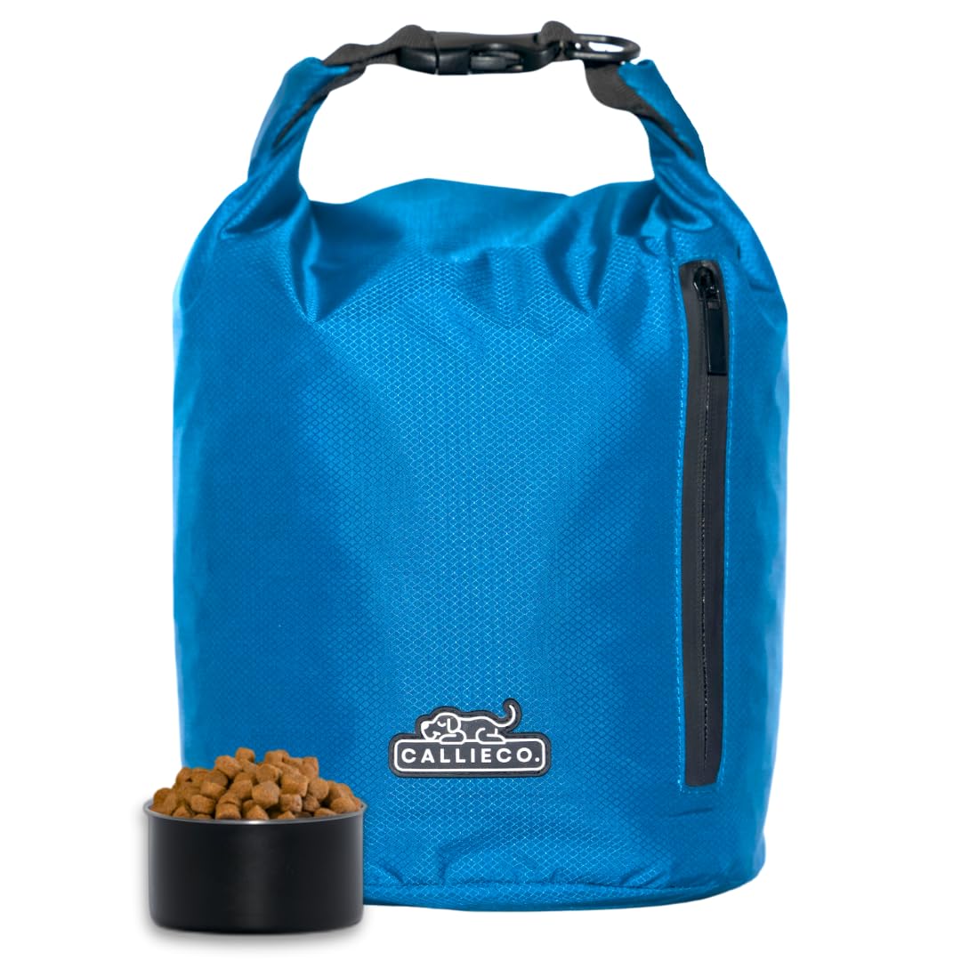 Callieco dog food travel bag roll-top closure keeps kibble secure and dry on adventures.