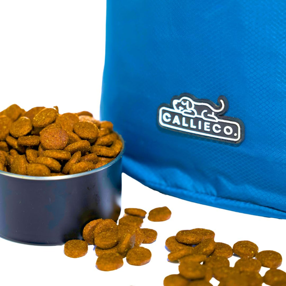 Callieco dog food travel bag side pocket stores bowls, bags, and meds for quick access.