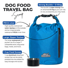 Callieco dog food travel bag waterproof nylon exterior protects kibble during camping and hikes.