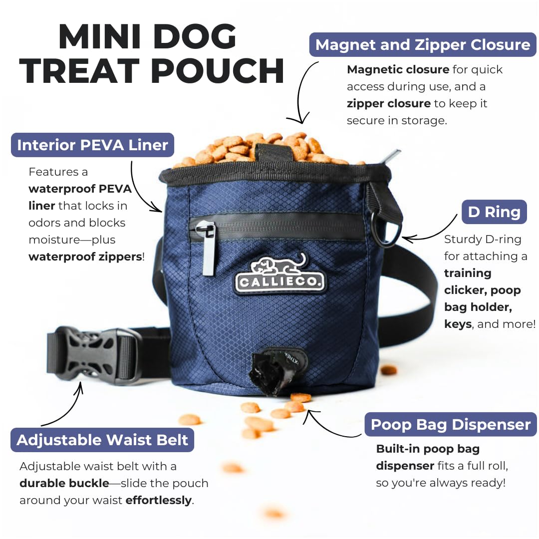 Callieco mini dog treat pouch with waterproof liner seals odors and crumbs
