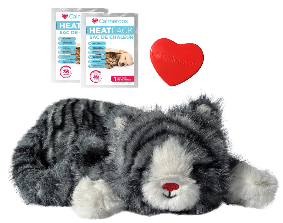 Calmeroos heartbeat toy in grey stripe improving separation anxiety comfort for pets