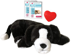 Calmeroos puppy-heartbeat-toy black-and-white closeup comforts anxious dogs with lifelike warmth.