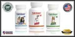 Calmkeen 60-count bottle front shows lactose-free, non-GMO calming supplement