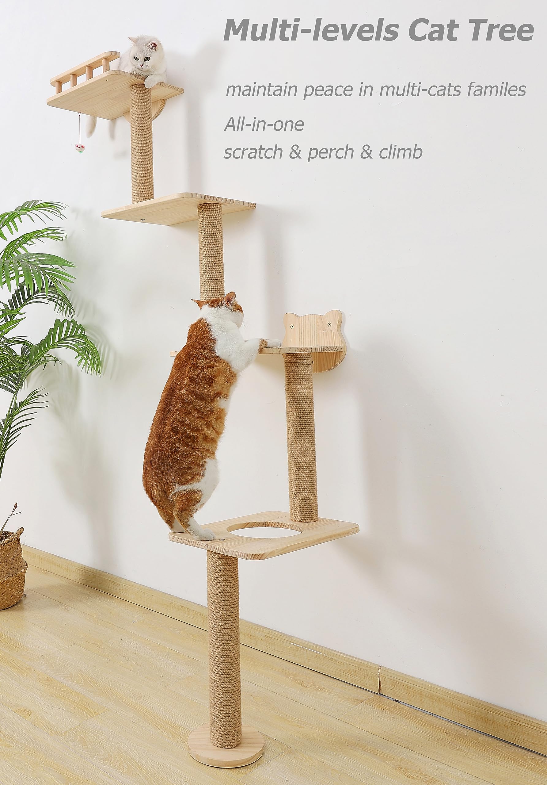 Caloreduce cat wall tree with sisal rope keeps claws away from furniture during play.