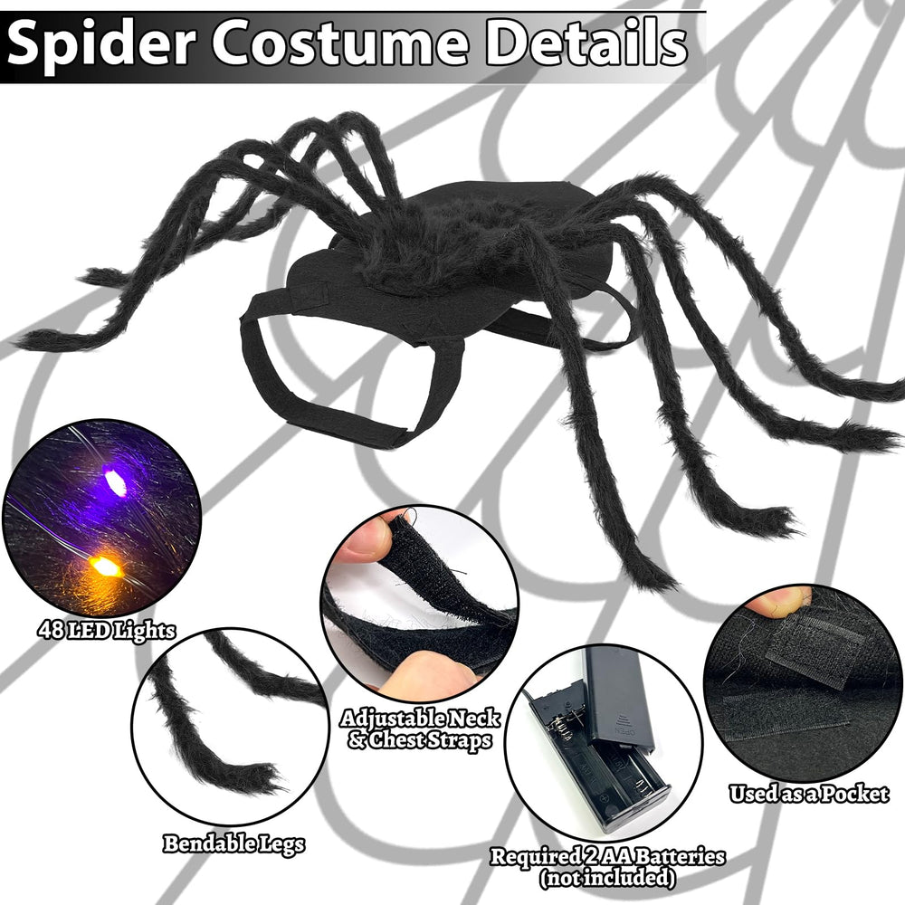 Camlinbo spider dog costume featuring orange and purple lights for festive celebrations