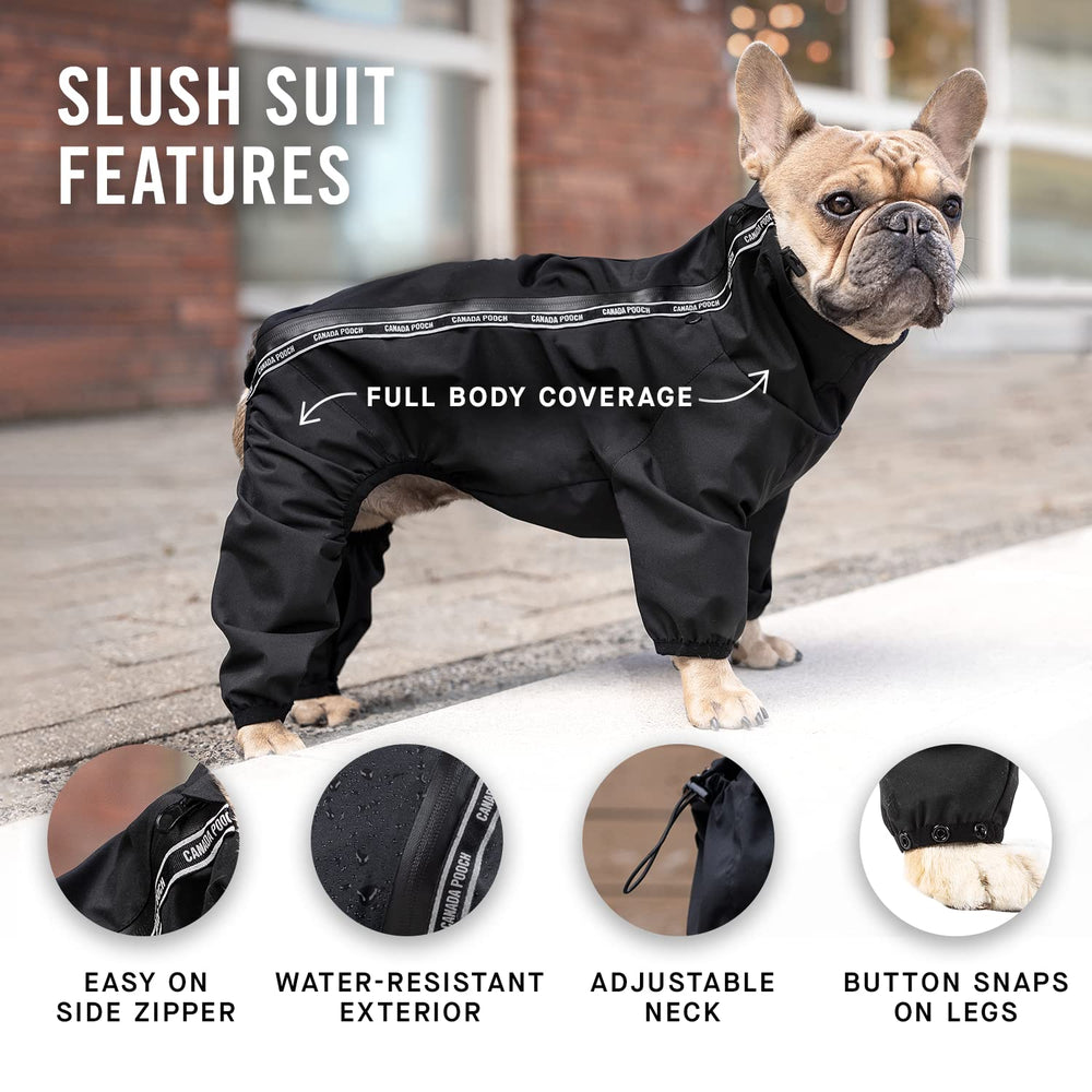 Canada Pooch dog slush suit back view black offers full-body coverage for rain.